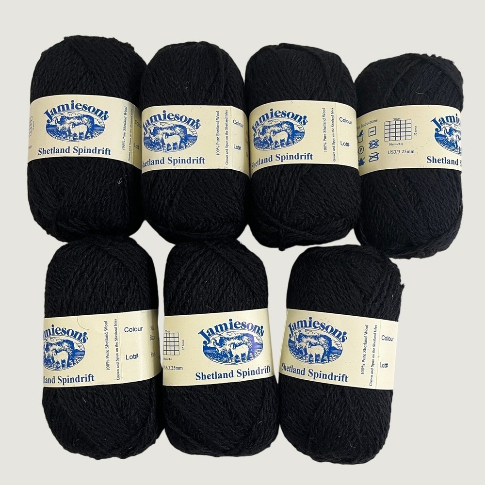 Jamieson's Shetland Spindrift 100% Wool Yarn Lot of 7 Black 999 25g Skeins